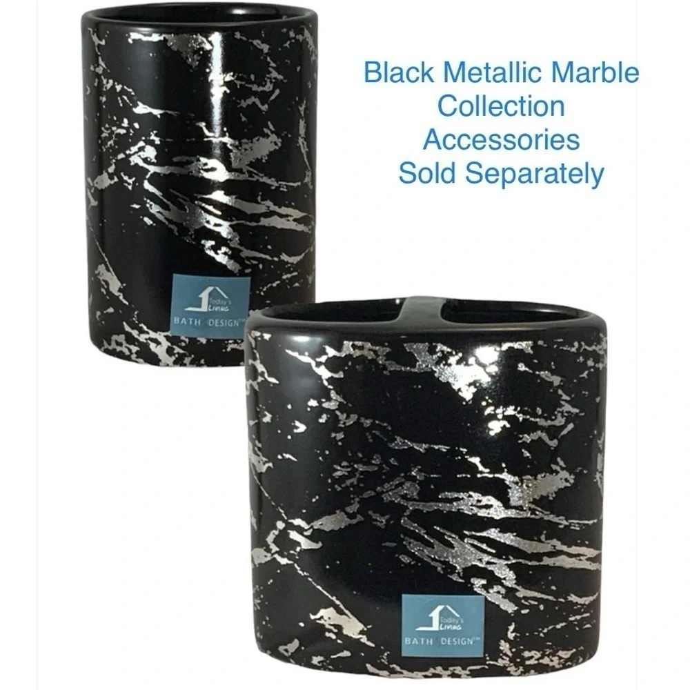 Today’s Living Black Marble Metallic Silver Fabric Shower Curtain 72 in X 72 in